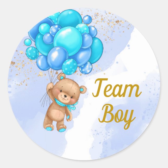 Teddy Bear Team Boy Gender Reveal Party Runder Aufkleber (Vorderseite)