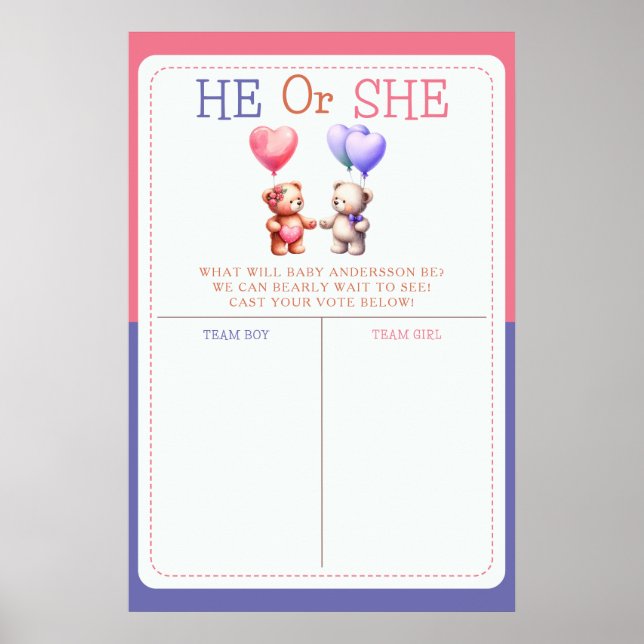 Teddy Bear Thema Geschlecht offenbaren Stimmzettel Poster (Vorne)