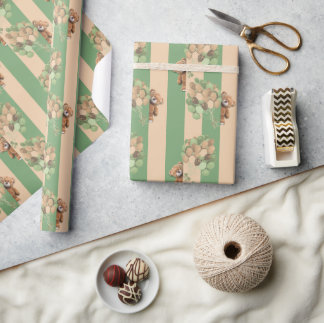 Teddy Bear Themed Green and Brown Wrapping Paper Geschenkpapier