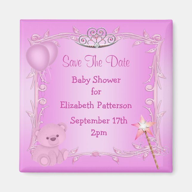 Teddy Bear & Tiara Pink Babydusche Save the Date Magnet (Vorne)