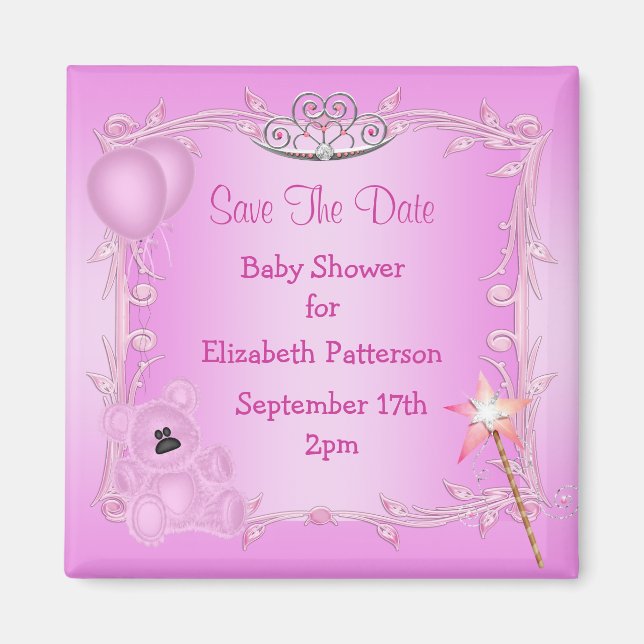 Teddy Bear & Tiara Pink Babydusche Save the Date Magnet (Vorne)