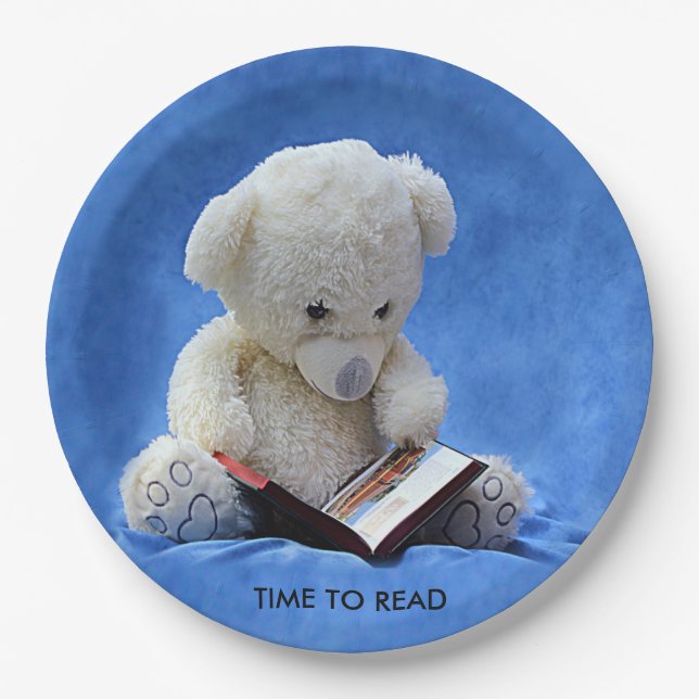 Teddy Bear Time to Read Blue Stuffed Animal, ZKOA Pappteller (Vorderseite)