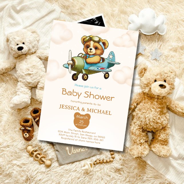 Teddy Bear Tiny Pilot Flugzeug Babydusche Einladung (Teddy Bear Tiny Pilot Airplane Baby Shower Invitation)