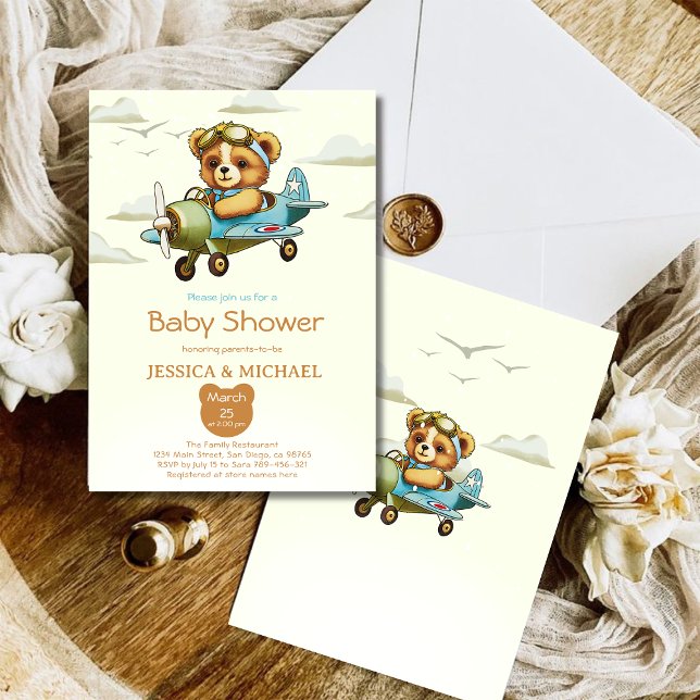 Teddy Bear Tiny Pilot Flugzeug Babydusche Einladung (Teddy Bear Tiny Pilot Airplane Baby Shower Invitation)