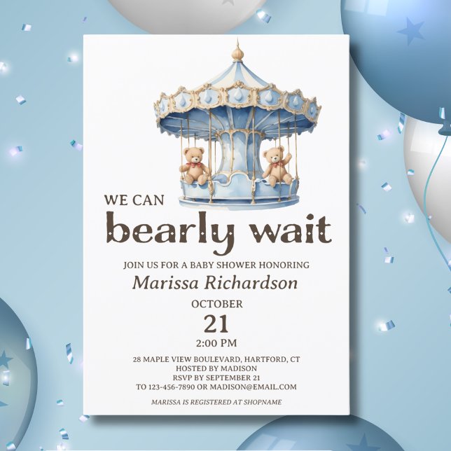 Teddy Bear Twin Boys Baby Shower Einladung (blue teddy bear we can bearly wait twin boys baby shower invitation, custom baby shower invites)