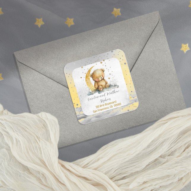 Teddy Bear Twinkle Little Star Rücksendeadresse Quadratischer Aufkleber (Create an enchanting baby shower with our Teddy Bear Twinkle Twinkle Little Star collection.  )