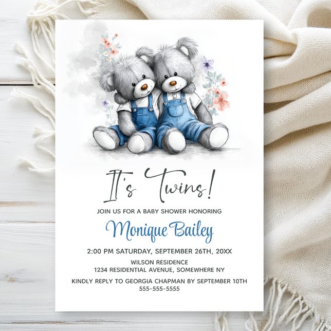 Teddy Bear Twins Baby Shower Einladung (Von Creator hochgeladen)