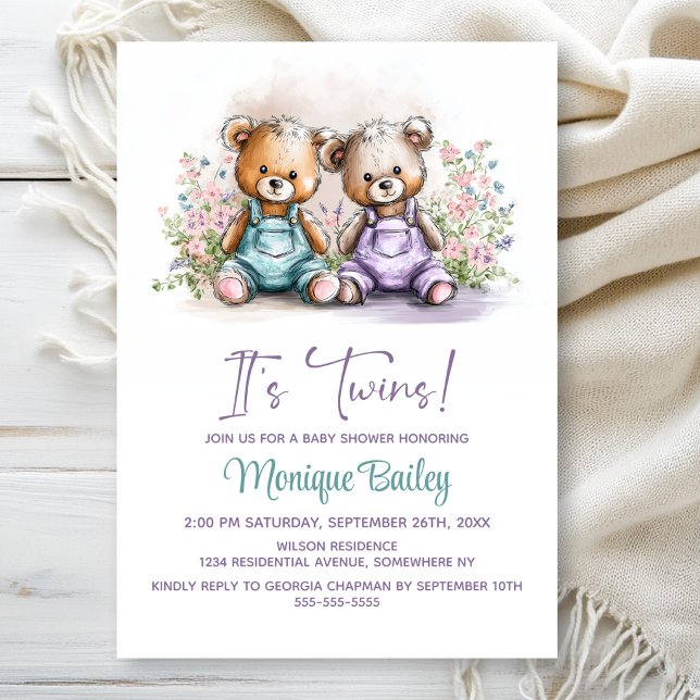 Teddy Bear Twins Baby Shower Einladung (Von Creator hochgeladen)