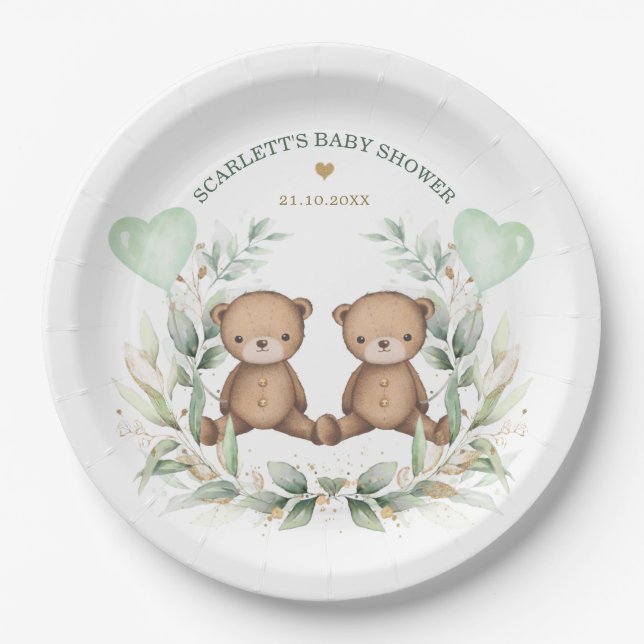 Teddy Bear Twins Grüne Balloons Babydusche Pappteller (Vorderseite)