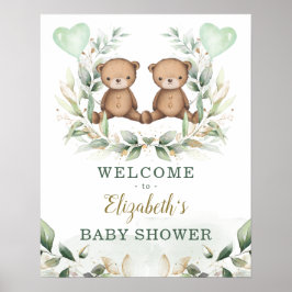 Teddy Bear Twins Grüne Gold Baby Dusche Willkommen Poster