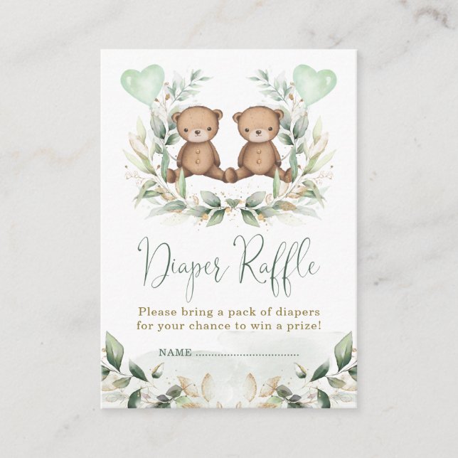 Teddy Bear Twins Grüne Gold Diaper Raffle Baby Begleitkarte (Vorderseite)