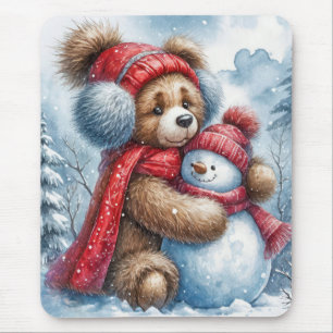 Teddy Bear umarmt einen Schneemann Mousepad