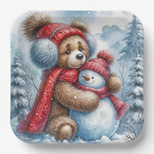 Teddy Bear umarmt einen Schneemann Pappteller