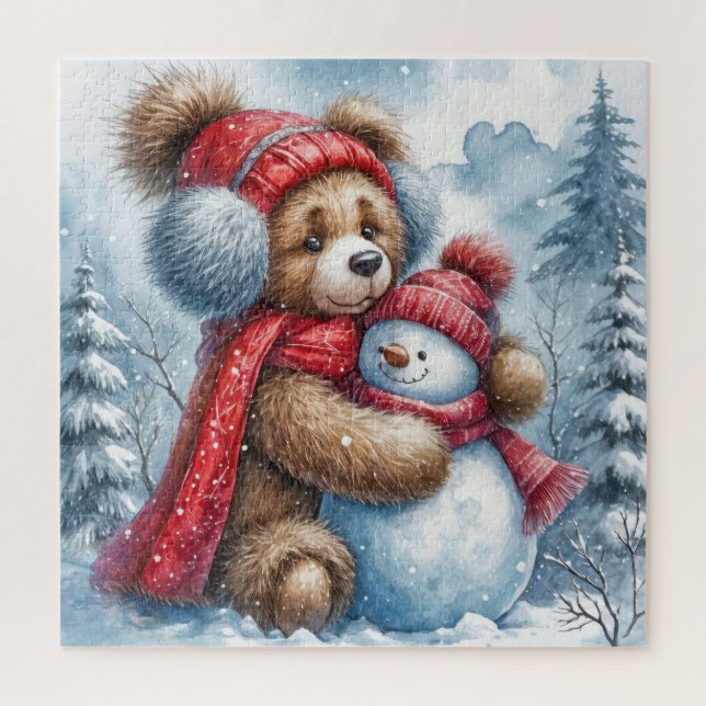 Teddy Bear umarmt einen Schneemann Puzzle (Vertikal)