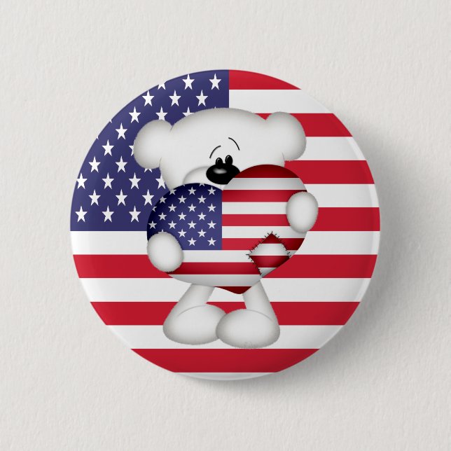 Teddy Bear und Big USA Flag Herz Button (Vorderseite)
