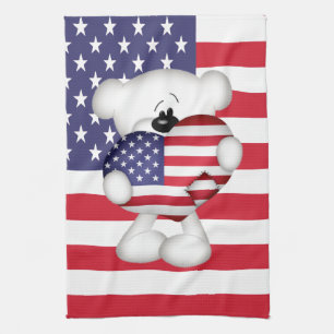 Teddy Bear und Big USA Flag Herz Geschirrtuch
