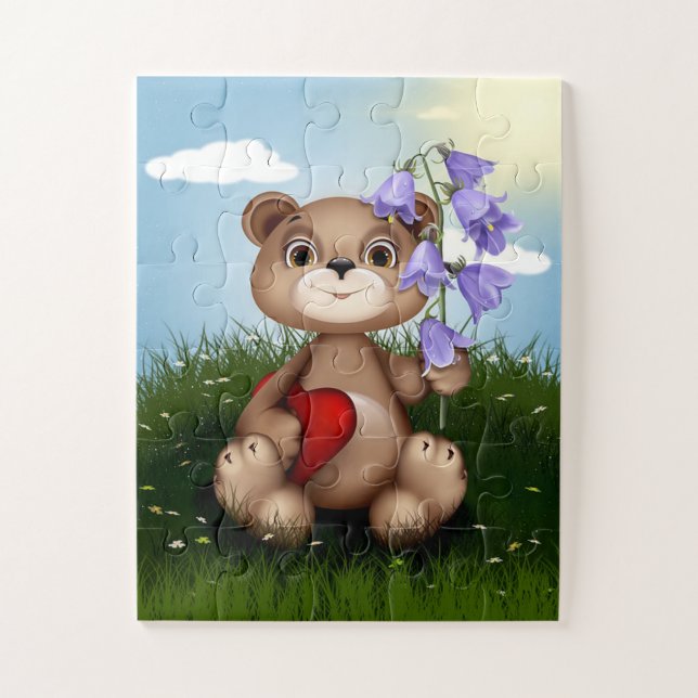 Teddy Bear und Blume mit rotem Herzen Puzzle (Vertikal)