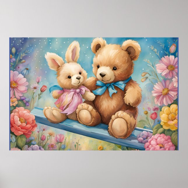 Teddy Bear und Bunny Sitzen im Garten Poster (Vorne)