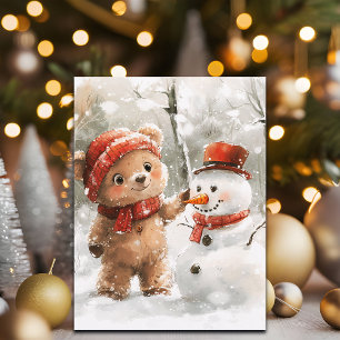 Teddy Bear und Snowman Feiertagspostkarte