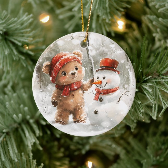 Teddy Bear und Snowman Keramik Ornament (Baum)
