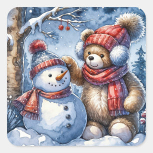 Teddy Bear und Snowman Quadratischer Aufkleber