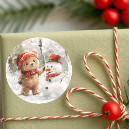 Teddy Bear und Snowman Runder Aufkleber