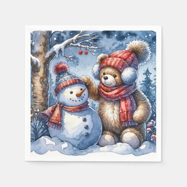 Teddy Bear und Snowman Serviette (Vorderseite)