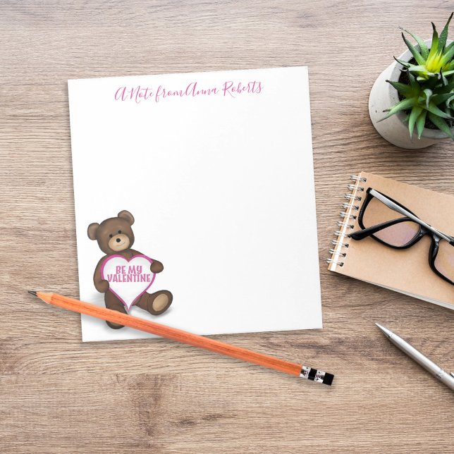 Teddy Bear Valentine's Day Niedlich Teddy Bär Cust Notizblock (Cute Valentine teddy bear desk stationery with personalized name header.)