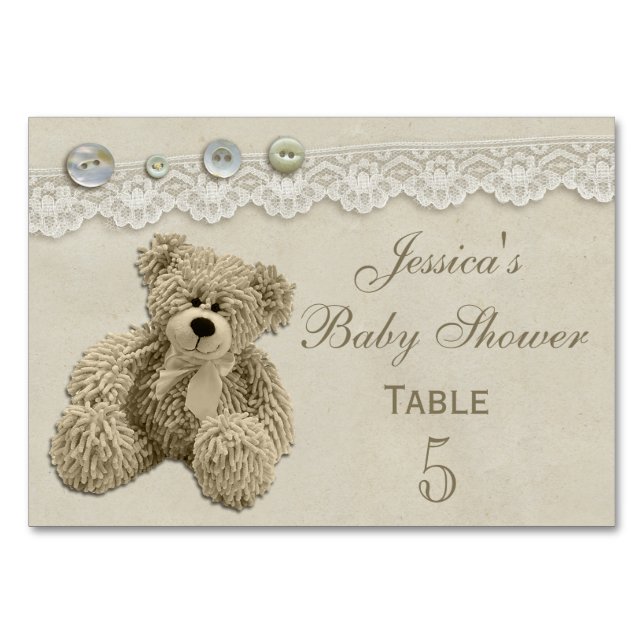 Teddy Bear Vintag Lace Personalisiert Baby Dusche Tischnummer (Vorderseite)