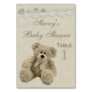 Teddy Bear Vintag Lace Personalisiert Baby Dusche Tischnummer