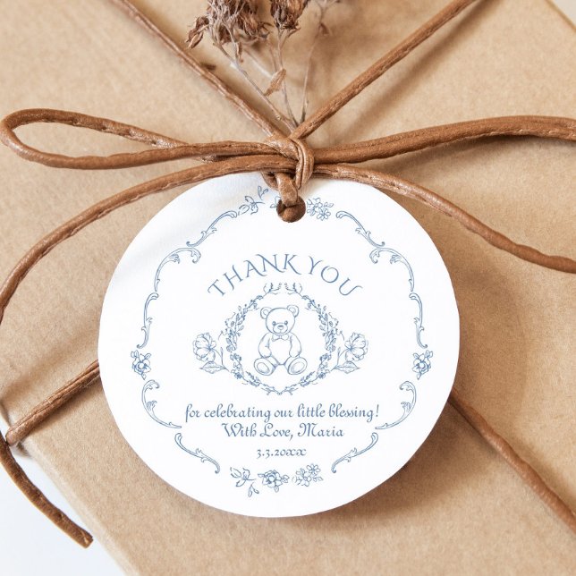 Teddy bear Vintag Toile Babydusche Danke Geschenkanhänger (Von Creator hochgeladen)
