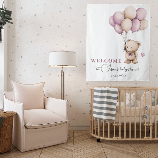 Teddy Bear Violet Dusty Pink Beige Balloons Wandteppich (Von Creator hochgeladen)