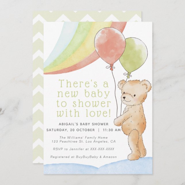 Teddy Bear/w Balloons & Rainbow Baby Showroom Einladung (Vorne/Hinten)