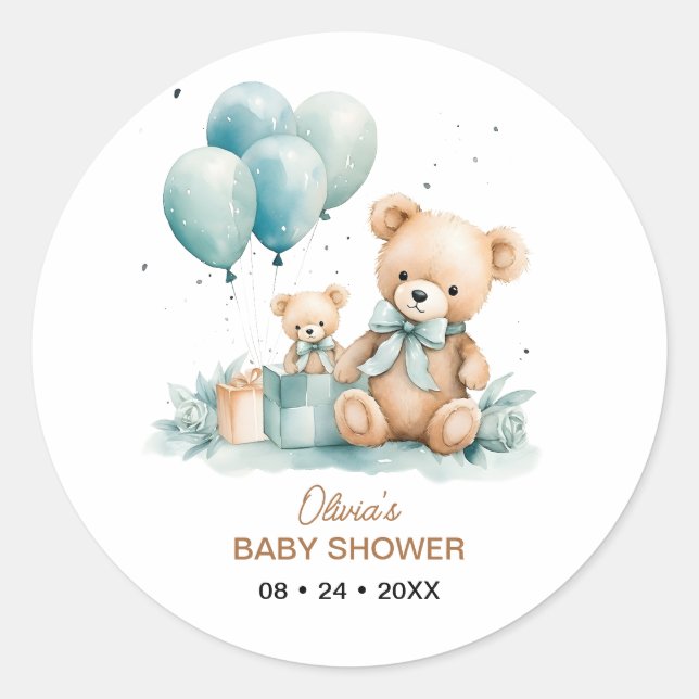 Teddy Bear Wasserfarbe Babydusche Runder Aufkleber (Vorderseite)