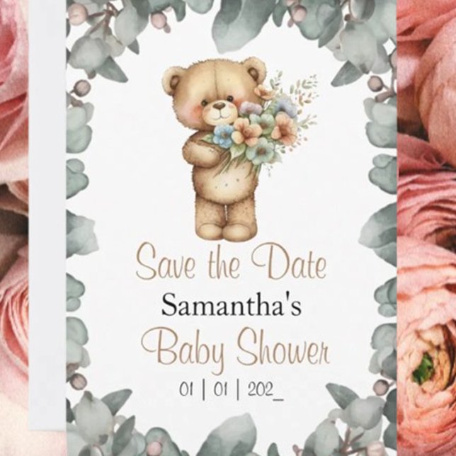 Teddy Bear Wasserfarbe Weiß Datum Postkarte (Celebrate your little one with a "Beary Cute" teddy bear baby shower!)