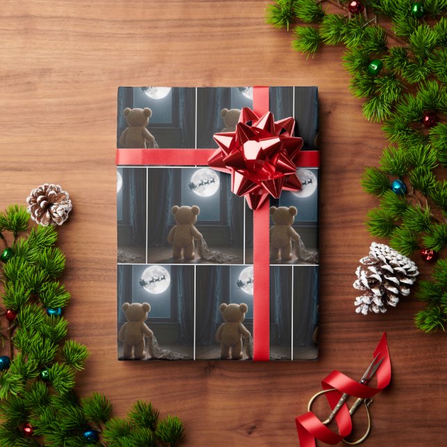 Teddy Bear Watching Santa Claus and Reindeer Geschenkpapier (Feiertagsgeschenk)