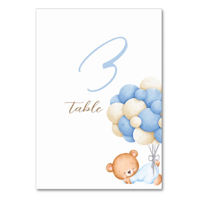 Teddy Bear Watercolor Balloons Tabelle 3 Nummernka Tischnummer (Vorderseite)