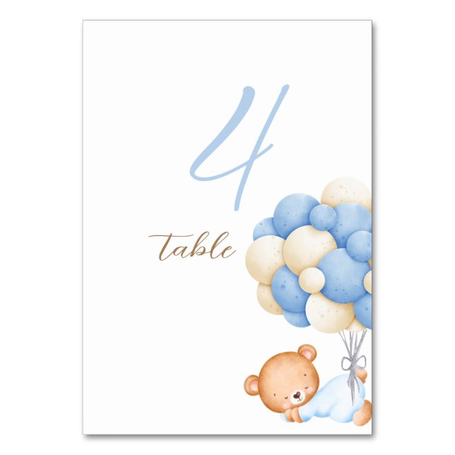 Teddy Bear Watercolor Balloons Tabelle 4 Nummernka Tischnummer (Vorderseite)