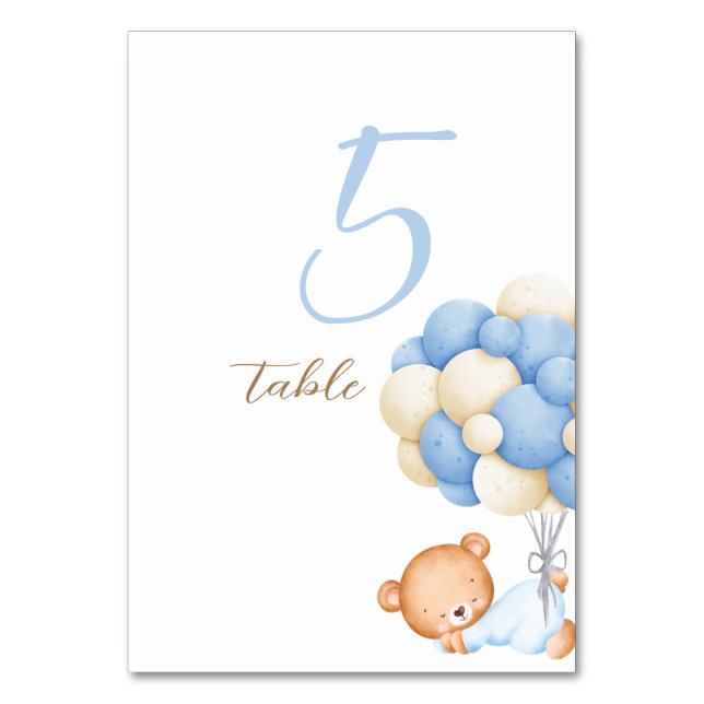 Teddy Bear Watercolor Balloons Tabelle 5 Nummernka Tischnummer (Vorderseite)