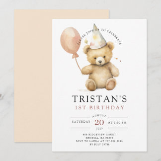 Teddy Bear Watercolor Boy's 1. Geburtstag Einladung