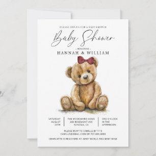 Teddy Bear Watercolor Girl Babydusche Einladung