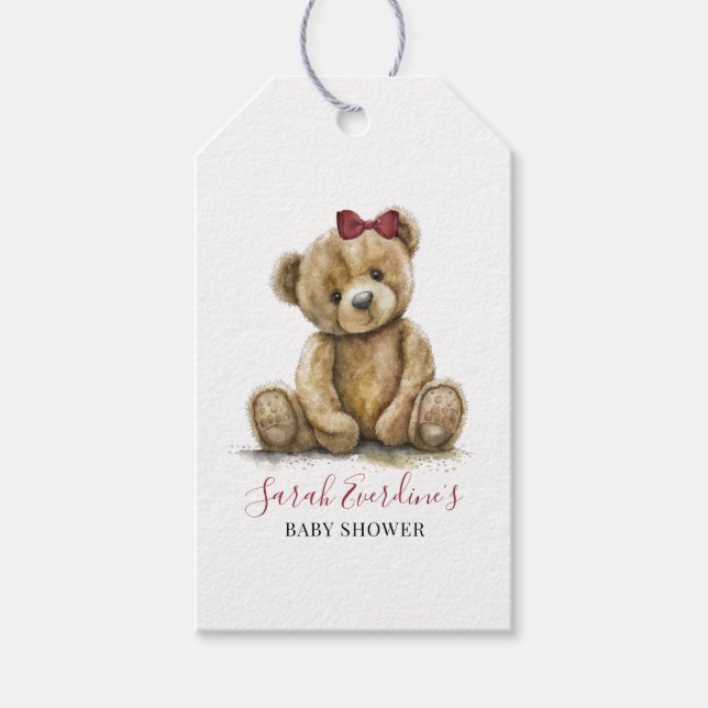 Teddy Bear Watercolor Girl Babydusche Geschenkanhänger (Vorderseite)