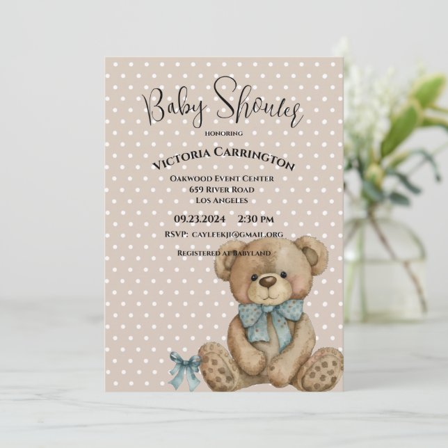 Teddy Bear Watercolor Punkte Babydusche Einladung (Stehend Vorderseite)