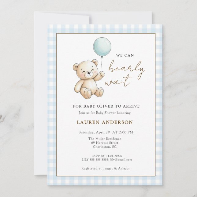 Teddy Bear We can Bearly wait Boy Baby shower Einladung (Vorderseite)