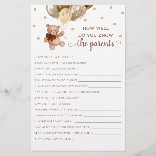 Teddy Bear wie gut weißt du, das Elternspiel (Vorderseite)