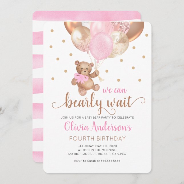 Teddy Bear wir können frühzeitig abwarten Mädchen  Einladung (Vorne/Hinten)
