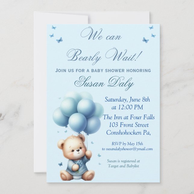 Teddy Bear with balloons baby shower invitation Einladung (Vorderseite)