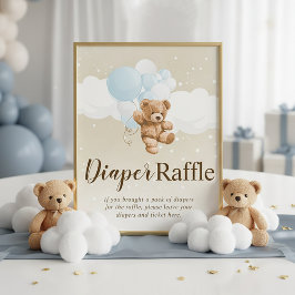 Teddy Bear with Blue Balloons Diaper Raffle Sign Fotodruck