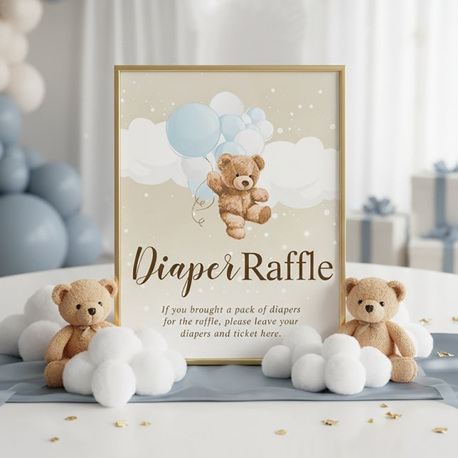 Teddy Bear with Blue Balloons Diaper Raffle Sign Fotodruck (Dusty Blue Teddy Bear Diaper Raffle Sign | Dusty Blue Teddy Bear Baby Shower)