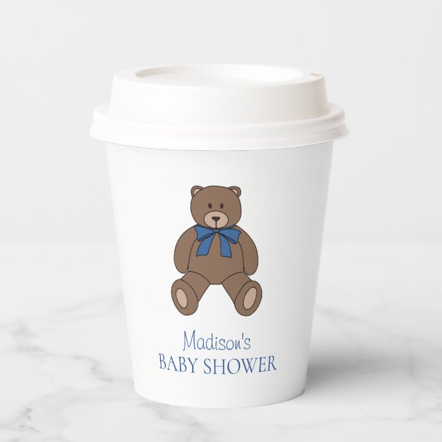 Teddy Bear with Blue Bow and Name Baby Shower Pappbecher (Vorderseite)